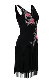 Current Boutique-Sue Wong - Black Silk Floral Embroidered Bodycon w/ Fringe Sz 6