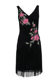 Current Boutique-Sue Wong - Black Silk Floral Embroidered Bodycon w/ Fringe Sz 6