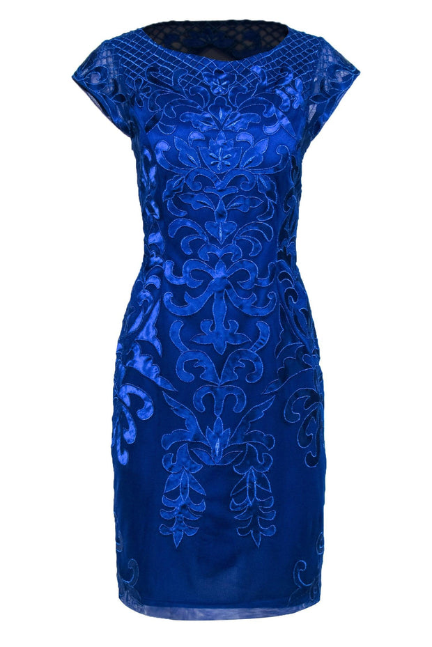 Current Boutique-Sue Wong - Cobalt Blue Metallic Embroidered Sheath Dress Sz 12