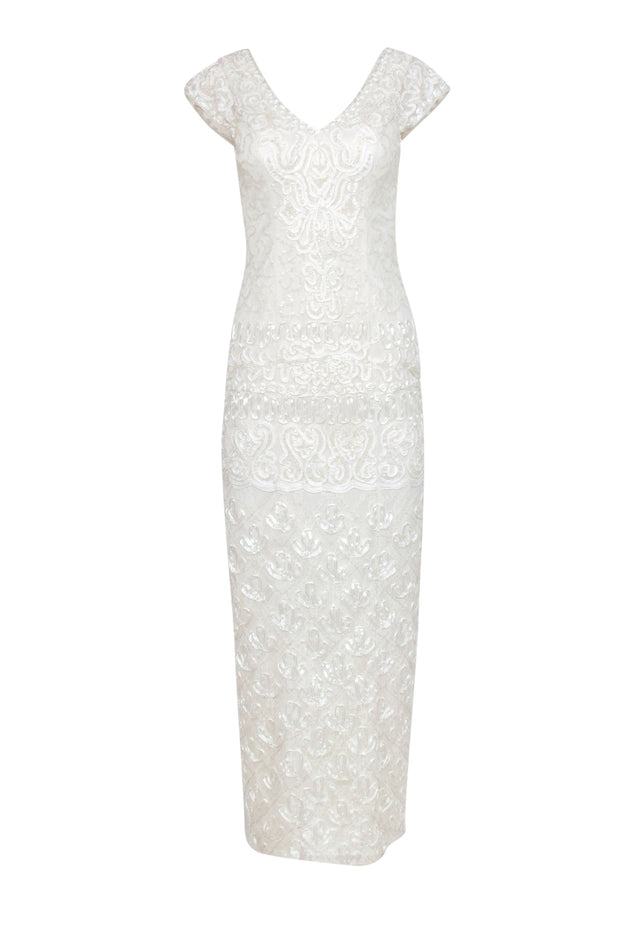 Current Boutique-Sue Wong - Embellished White Lace Cap Sleeve Gown Sz 0