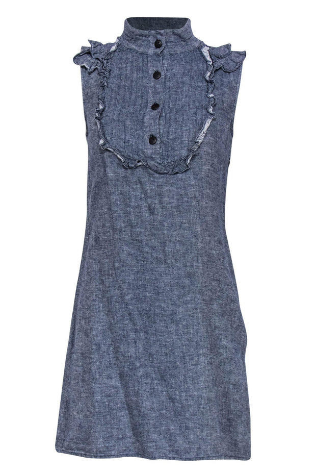 Current Boutique-Sunner - Chambray Quarter Button-Up Sleeveless Shift Dress w/ Ruffle Bib Sz 6