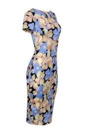 Current Boutique-Suno - Blue & Peach Pastel Floral Print Silk Midi Fitted Sheath Dress Sz 4