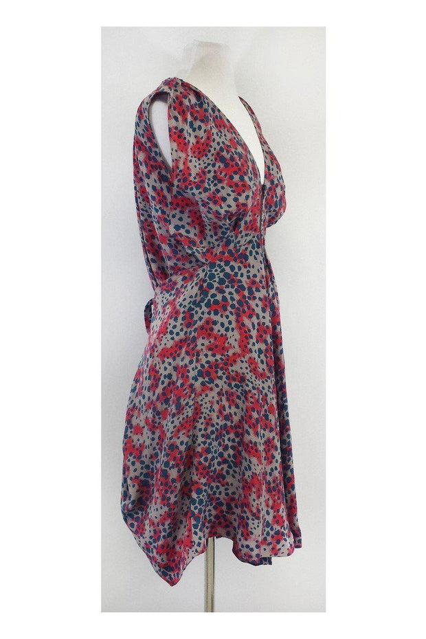 Current Boutique-Suno - Grey, Red & Teal Tie Back Silk Dress Sz S