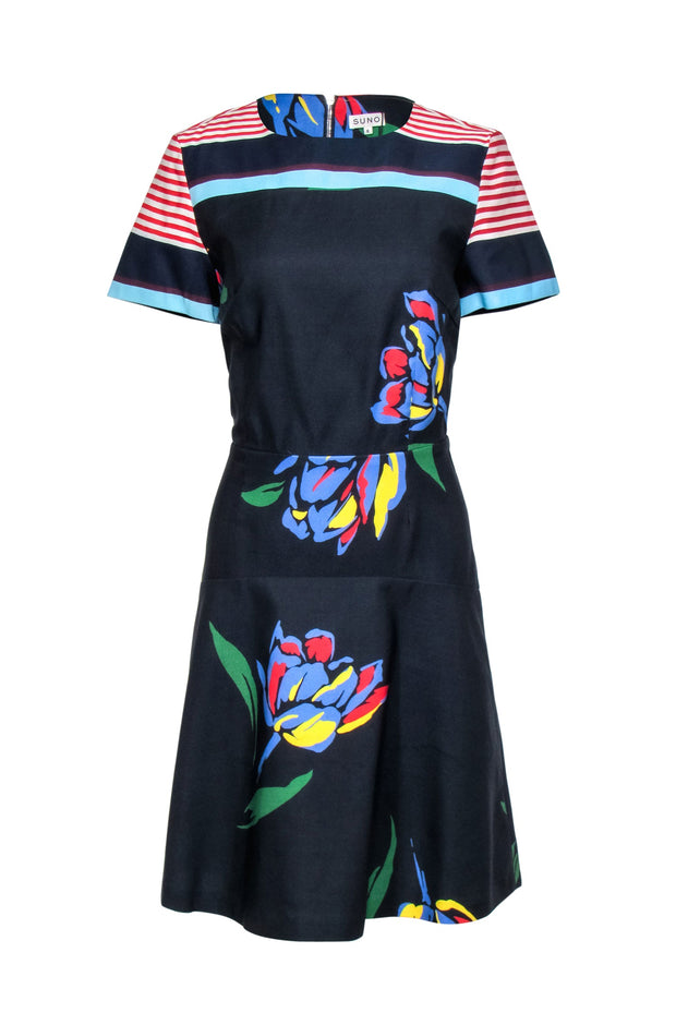 Current Boutique-Suno - Navy & Multicolored Floral Print Short Sleeve Sheath Dress w/ Striped Trim Sz 8