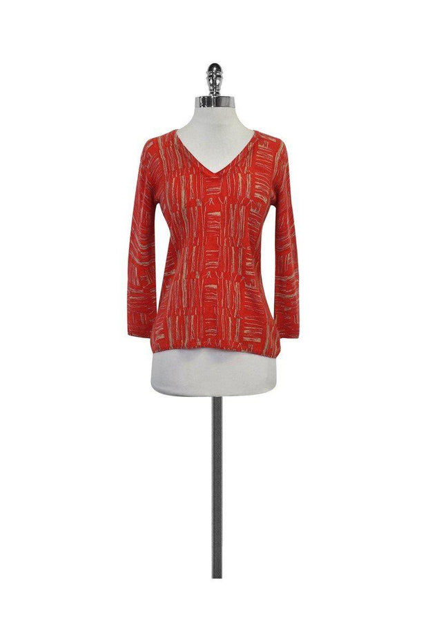 Current Boutique-TSE Cashmere - Red Orange & Beige Abstract Print Sweater Sz M