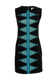 Current Boutique-Tabitha - Black Sheath Dress w/ Turquoise & Gold Embroidery Sz 2