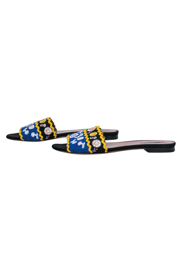 Current Boutique-Tabitha Simmons - Black, Blue & Yellow Floral Embroidered Slide Sandals Sz 11