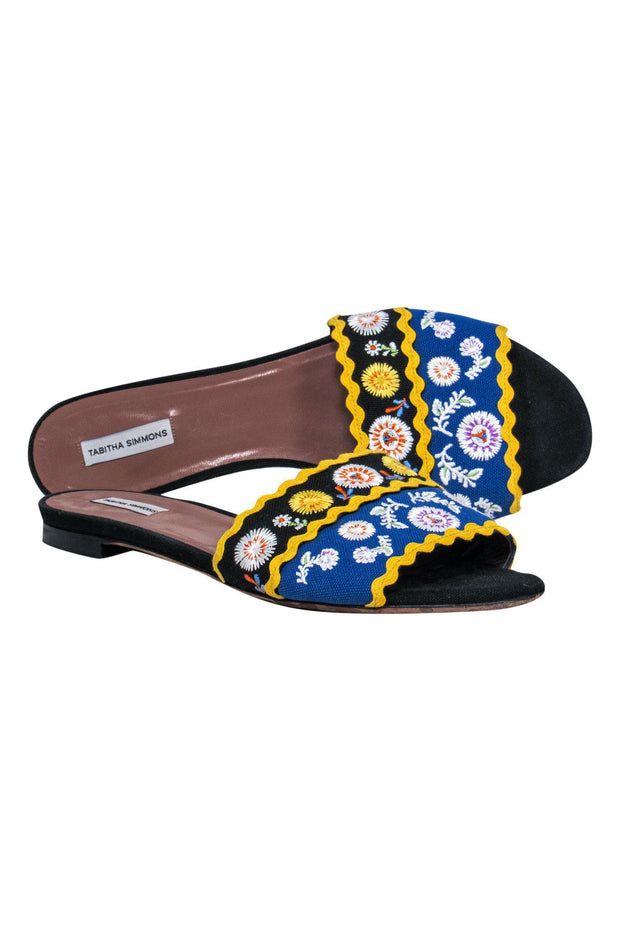 Current Boutique-Tabitha Simmons - Black, Blue & Yellow Floral Embroidered Slide Sandals Sz 11