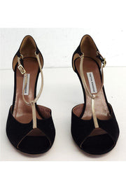 Current Boutique-Tabitha Simmons - Black & Gold Satin T Strap Heels Sz 8