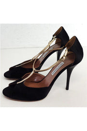 Current Boutique-Tabitha Simmons - Black & Gold Satin T Strap Heels Sz 8