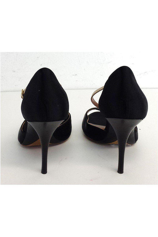 Current Boutique-Tabitha Simmons - Black & Gold Satin T Strap Heels Sz 8