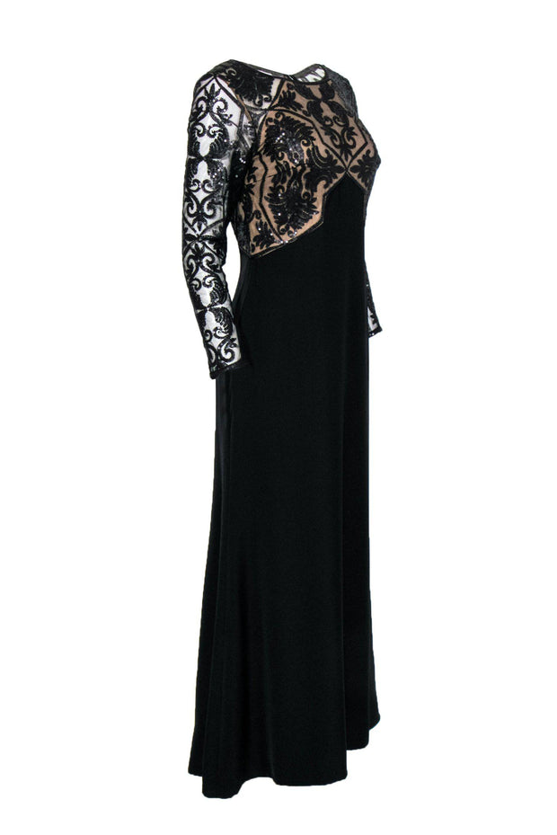 Current Boutique-Tadashi Shoji - Black Long Sleeve Sequin Top Gown w/ Nude Underlay Sz 4