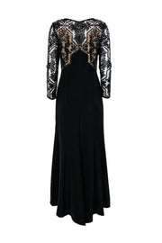 Current Boutique-Tadashi Shoji - Black Long Sleeve Sequin Top Gown w/ Nude Underlay Sz 4