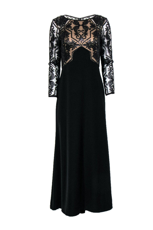 Current Boutique-Tadashi Shoji - Black Long Sleeve Sequin Top Gown w/ Nude Underlay Sz 4