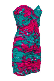 Current Boutique-Tadashi Shoji - Bright Green & Magenta Ruched Tulle Strapless Dress Sz 10