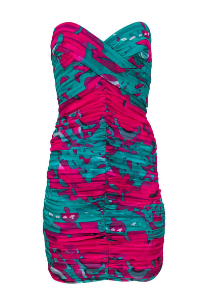 Current Boutique-Tadashi Shoji - Bright Green & Magenta Ruched Tulle Strapless Dress Sz 10