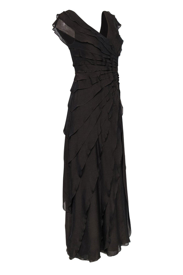 Current Boutique-Tadashi Shoji - Chocolate Brown Sleeveless Tiered Ruffled Silk Gown Sz 8P