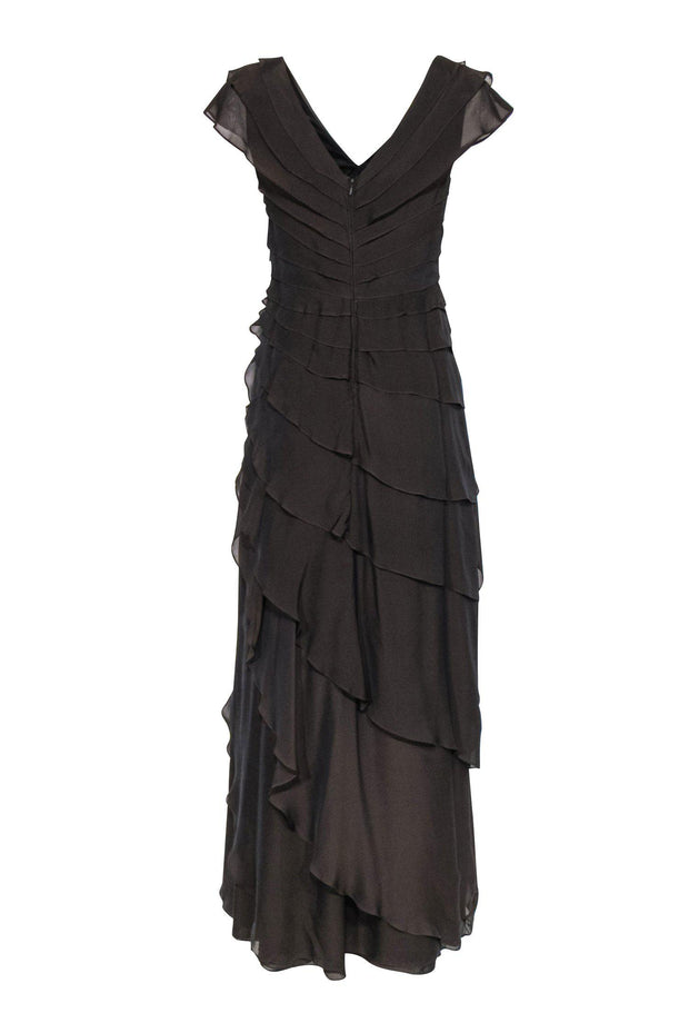 Current Boutique-Tadashi Shoji - Chocolate Brown Sleeveless Tiered Ruffled Silk Gown Sz 8P