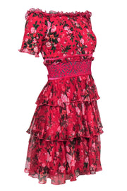 Current Boutique-Tadashi Shoji - Hot Pink Floral Print Tiered Off-the-Shoulder Fit & Flare Dress Sz 2