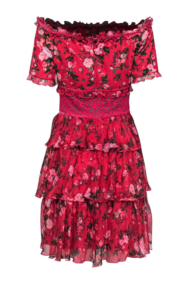 Current Boutique-Tadashi Shoji - Hot Pink Floral Print Tiered Off-the-Shoulder Fit & Flare Dress Sz 2