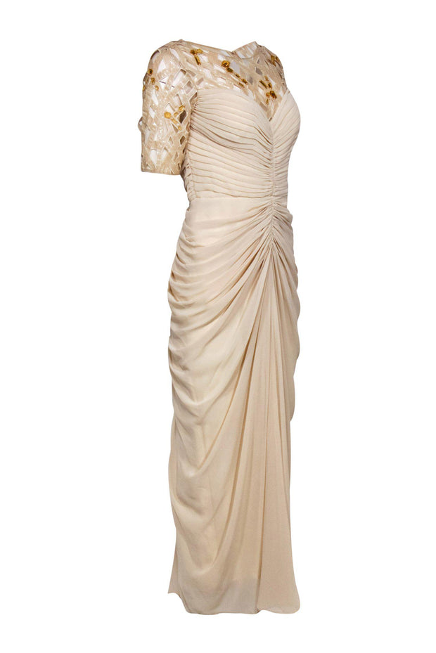 Current Boutique-Tadashi Shoji - Nude Ruched Gown w/ Sequin & Jeweled Laser Cut Top Sz 6