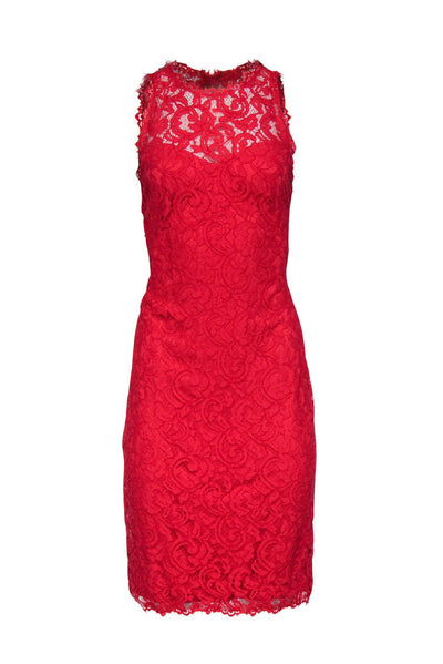 Current Boutique-Tadashi Shoji - Red Lace Illusion Neckline Sheath Dress Sz 6