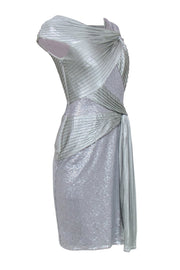 Current Boutique-Tadashi Shoji - Silver Pleated Sash & Sequined Sheath Dress Sz S