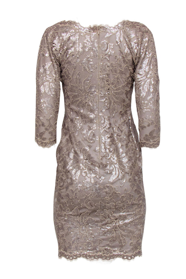 Current Boutique-Tadashi Shoji - Taupe Sequin Plunge Sheath Dress Sz 4