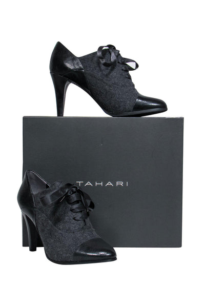 Current Boutique-Tahari - Black Leather & Felt Lace-Up Pumps Sz 6