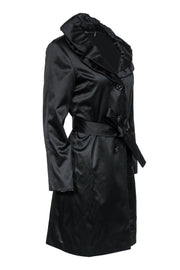 Current Boutique-Tahari - Black Longline Ruffle Button-Up Trench Coat w/ Belt Sz S