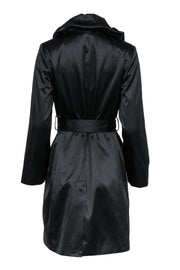 Current Boutique-Tahari - Black Longline Ruffle Button-Up Trench Coat w/ Belt Sz S