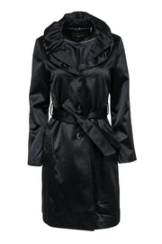 Current Boutique-Tahari - Black Longline Ruffle Button-Up Trench Coat w/ Belt Sz S