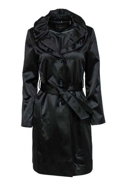 Current Boutique-Tahari - Black Longline Ruffle Button-Up Trench Coat w/ Belt Sz S