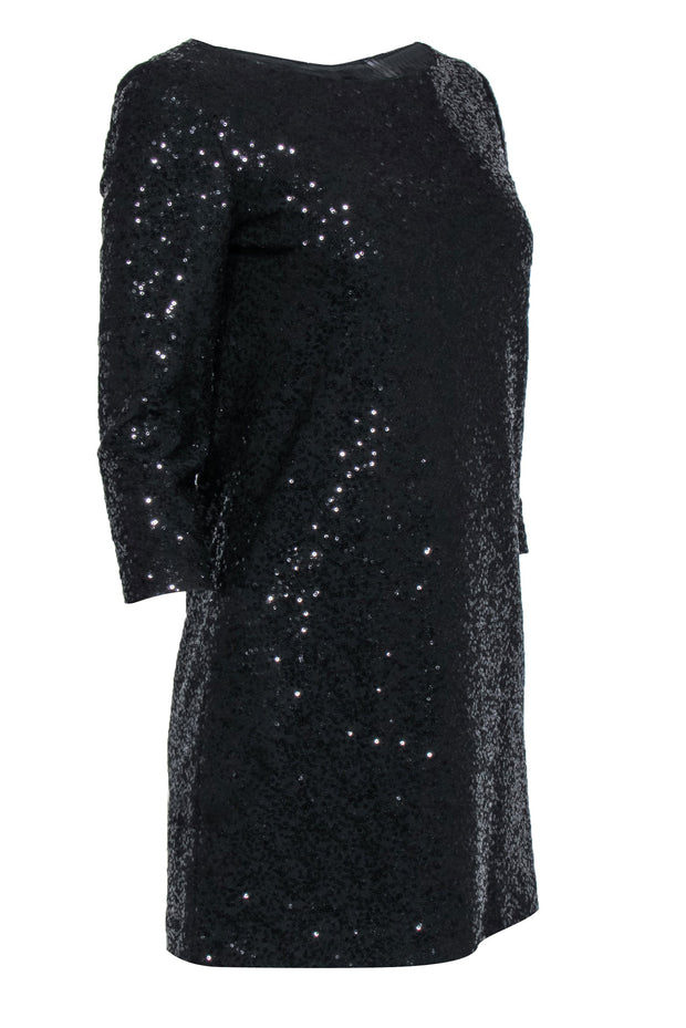 Current Boutique-Tahari - Black Sequin Shift Dress w/ Quarter Sleeves Sz XS