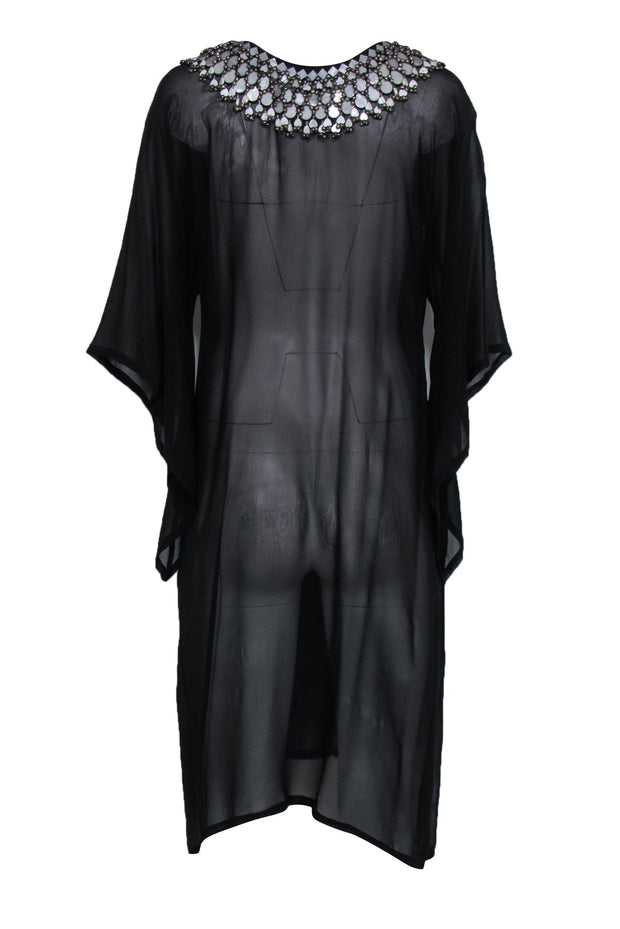 Current Boutique-Taj by Sabrina - Black Sheer Wide Sleeve Silk Midi Dress w/ Beaded Neckline Sz M