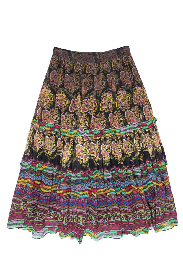 Current Boutique-Tanvi Kedia for Anthropologie - Black & Multicolor Paisley Print Tiered Skirt w/ Beading & Sequins Sz 4