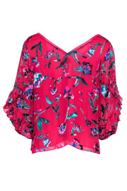 Current Boutique-Tanya Taylor - Hot Pink Velvet Floral Print Ruffled Quarter Sleeve Blouse Sz 6