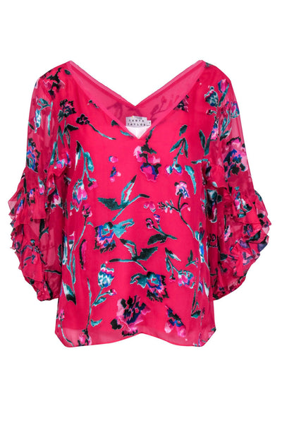 Current Boutique-Tanya Taylor - Hot Pink Velvet Floral Print Ruffled Quarter Sleeve Blouse Sz 6