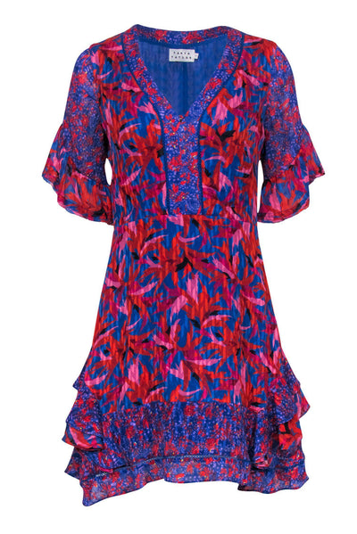 Current Boutique-Tanya Taylor - Red & Blue Leaf Printed Silk Blend Dress Sz 2