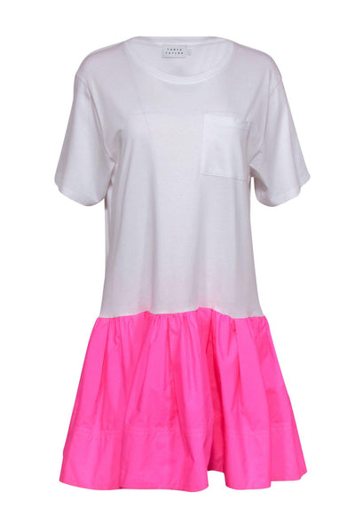 Current Boutique-Tanya Taylor - White Short Sleeve T-Shirt Dress w/ Hot Pink Peplum Hem Sz L