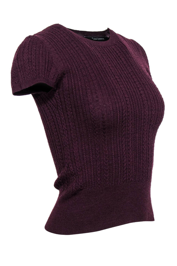 Current Boutique-Tara Jarmon - Maroon Cable Knit Short Sleeve Wool Top Sz M