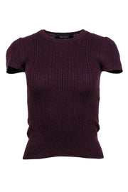 Current Boutique-Tara Jarmon - Maroon Cable Knit Short Sleeve Wool Top Sz M