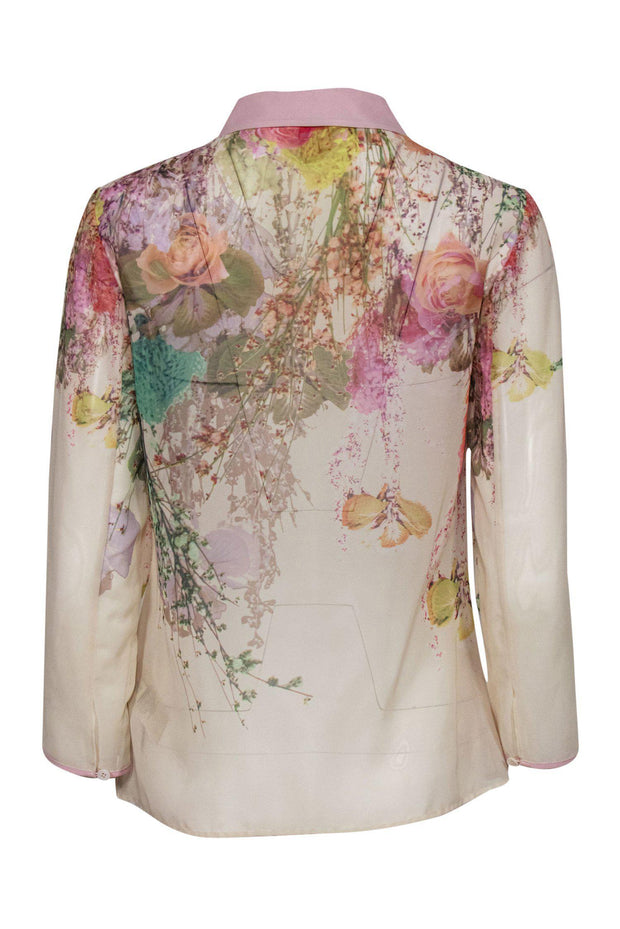 Current Boutique-Ted Baker - Beige & Blush Floral Print Long Sleeve Sheer Button-Up Blouse Sz 6