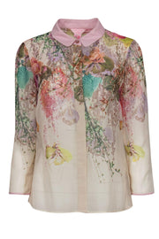 Current Boutique-Ted Baker - Beige & Blush Floral Print Long Sleeve Sheer Button-Up Blouse Sz 6