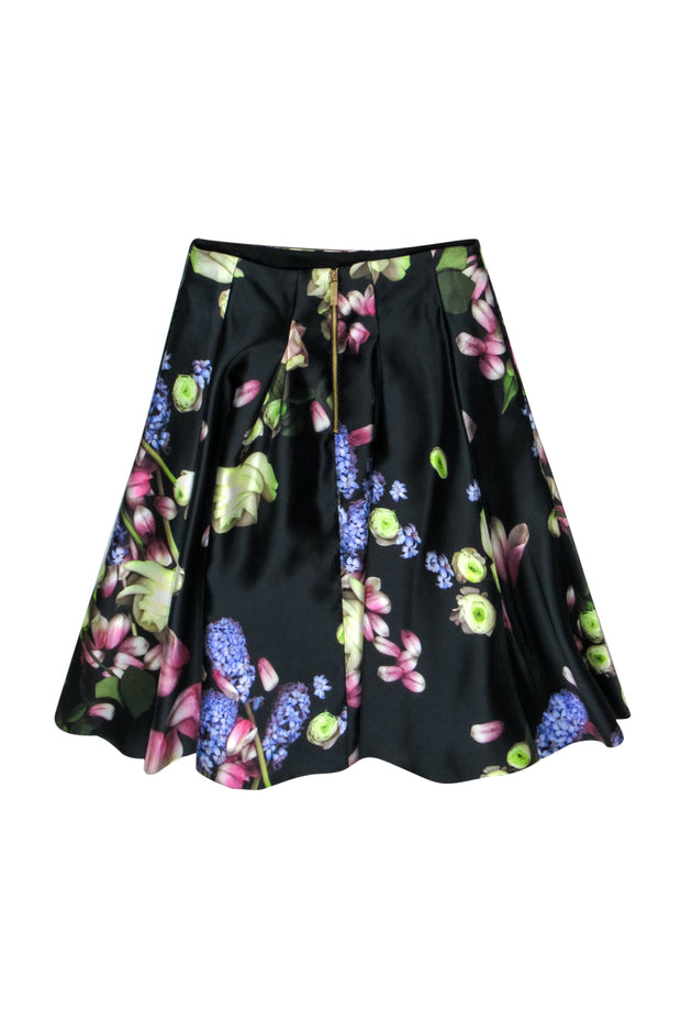 Current Boutique-Ted Baker - Black Digital Floral Print Pleated Midi Skirt Sz 4