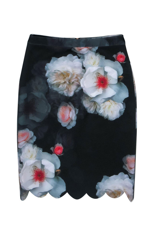 Current Boutique-Ted Baker - Black Floral Print Pencil Skirt w/ Scalloped Hem Sz 6