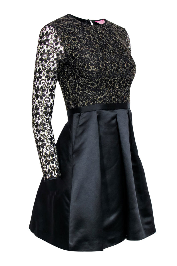 Current Boutique-Ted Baker - Black & Gold Floral Lace Long Sleeve Fit & Flare Dress Sz 0