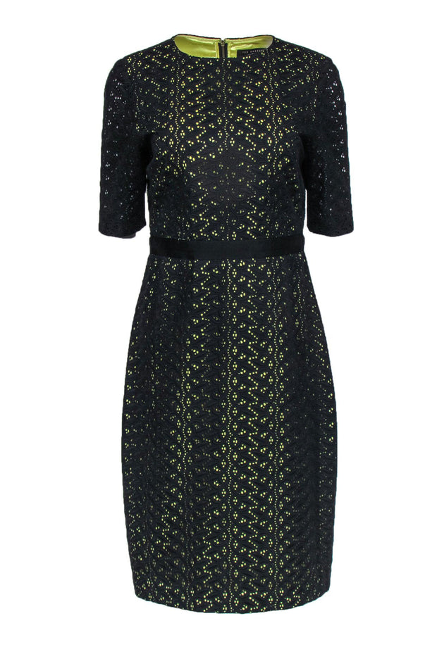 Current Boutique-Ted Baker - Black Lace Midi Dress w/ Chartreuse Underlay Sz 8