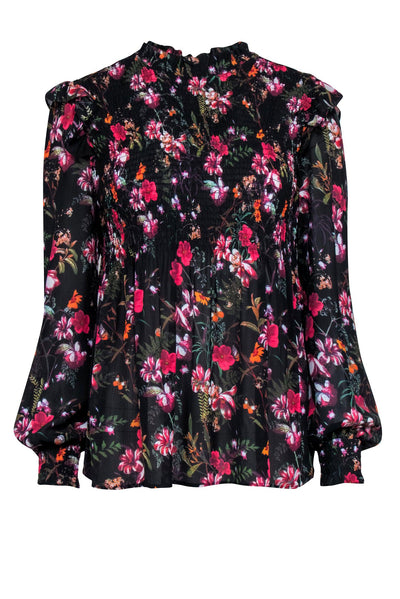 Current Boutique-Ted Baker - Black & Multicolor Floral Long Sleeve Smocked Top Sz 6