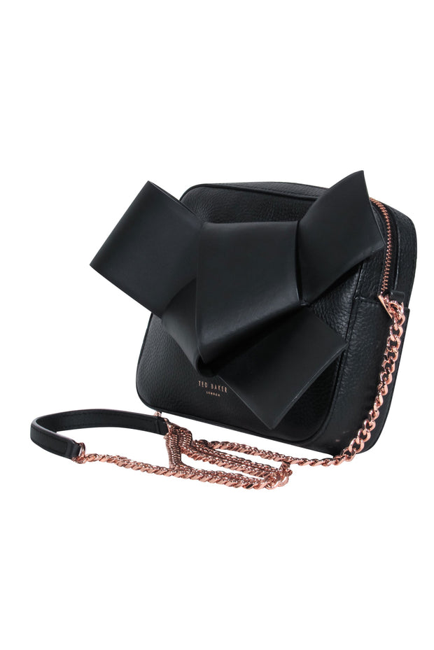 Current Boutique-Ted Baker - Black Pebbled Leather Rose Gold Chain Crossbody w/ Bow Detail